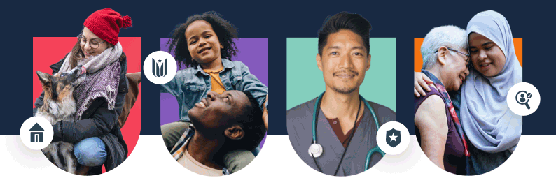 A group of people on brightly colored backgrounds are animated in and out of the image.